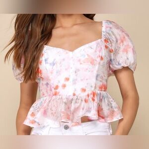 Lulu’s Darling Potential Ivory Floral Chiffon Bustier Puff Sleeve Top Size M.NWT